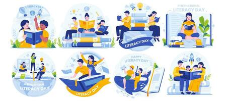 Illustration Set of International Literacy Day. People are Reading Books to Celebrate Literacy Day On the 8th of September vector