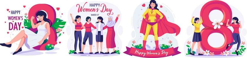 Illustration Set of International Women's Day concept with happy multinational diverse women celebrate womens day. Struggling for freedom and independence vector