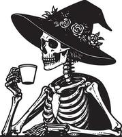 esqueleto vistiendo un bruja sombrero y Bebiendo café ilustración vector