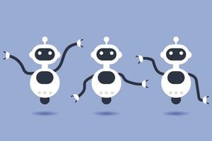 set of cute illustrations of artificial intelligence robot characters in different poses waving, greeting and saying hello. vector illustration