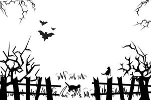 Spooky silhouette background, trees, bats and house fences suitable for Halloween background in October vector illustration