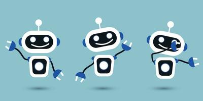 set of cute illustrations of artificial intelligence robot characters in different poses waving, greeting and saying hello. vector illustration