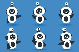 set of cute illustrations of artificial intelligence robot characters in different poses waving, greeting and saying hello. vector illustration