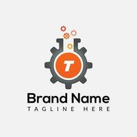Gear Logo On Letter T Template. Lab On T Letter, Initial Gear and Lab Sign Concept vector