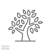 Stylized tree icon. Simple outline style. Growth branch, leaves, trunk, vintage concept. Thin line symbol. Vector illustration isolated. Editable stroke.