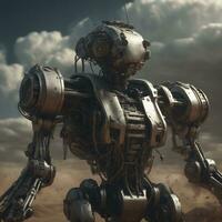 ai generado contenido. robot guerreros en el primera línea futurista militar conflicto foto
