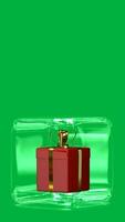 Contexte avec verre cube, vert filtrer, rouge cadeau, or ruban, unique conception, 3d rendre video