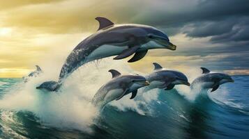 A group of dolphins jumping out of the water AI Generated photo