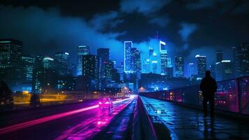 neón ciudad vibraciones cautivador noche escena de urbano paisaje ai generado foto