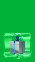 Contexte avec verre cube, vert filtrer, blanc cadeau, bleu ruban, unique conception, 3d rendre video