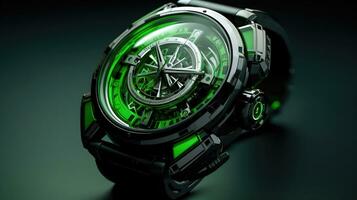 un de cerca de un moderno y elegante negro y verde reloj inteligente ai generado foto