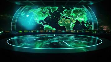 espacio exploración triunfo futurista tecnología en misión controlar habitación con 3d tierra mapa ai generado foto