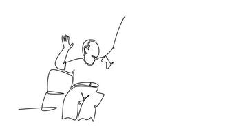 Animated self drawing of continuous line draw fans siting on sofa and watching their favorite club playing match on television and giving high five gesture. Fans club. Full length one line animation video