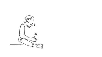 Animated self drawing of continuous line draw of two young happy men take a rest after playing basketball at court, giving high five gesture. Sport game competition. Full length single line animation video