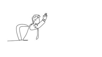 Self drawing animation of single line draw businessmen celebrating their successive target at business meeting with high five gesture. Business deal concept. Continuous line draw. Full length animated video