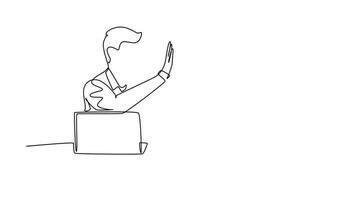 Animated self drawing of continuous line draw of happy businessman and businesswoman celebrating their successive goal at the business meeting with high five gesture. Full length single line animation video