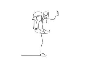 Self drawing animation of single line draw two young happy tourist carrying backpack go to holiday and gives high five gesture. Backpacker traveling concept. Continuous line draw. Full length animated video