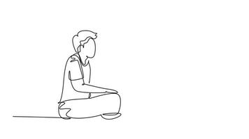 Self drawing animation of single line draw of young happy couple male and female student sitting on floor and giving high five gesture. Relationship concept. Continuous line draw. Full length animated video