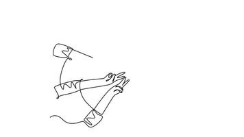 animiert selbst Zeichnung von kontinuierlich Linie zeichnen jung glücklich Menschen beitreten ihr Hände zusammen zu Show Zusammenarbeit und Einheit und erstellen Kreis Form. Mannschaft Gebäude Konzept. voll Länge Single Linie Animation video