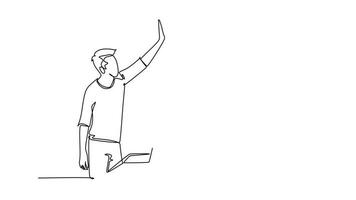 Animated self drawing of continuous line draw young happy start up founder celebrating their success goal at business meeting with high five gesture. Business deal. Full length single line animation video