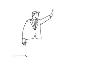 Self drawing animation single line draw two young happy businessmen celebrating their successive goal with high five gesture together. Business deal concept. Continuous line draw. Full length animated video