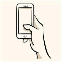 Hand drawn holding smartphone in high quality doodle line art style vector