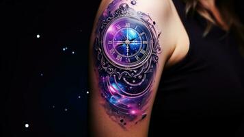 zodíaco símbolo y constelación en un mujeres hombro un femenino y cósmico tatuaje diseño ai generado foto