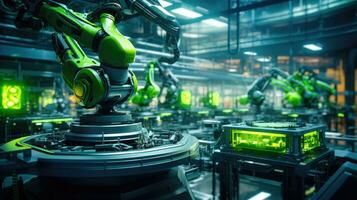 ligero verde robótico brazo ejecutando preciso y eficiente producción de electrónico componentes ai generado foto