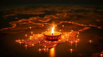 un iluminado diya en un piso un diwali festivo y cultural de ligero ai generado foto
