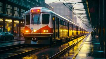 pasajero tren un moderno y eléctrico tren de viaje mediante un ciudad calle con carros y edificios ai generado foto