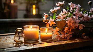 Serene Spa Scene with Aromatic Candles and Flowers AI Generated photo