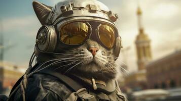 Cat Military A Cat Wearing a Helmet and Goggles Leading a Delegation of Cats AI Generated photo