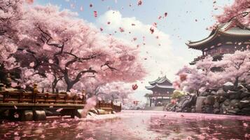 An Illustration of a Traditional Cherry Blossom Festival in Japan AI Generated photo