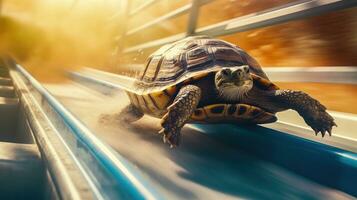 un tortuga corriendo abajo un azul diapositiva un divertido y adorable concepto ai generado foto