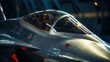 A Concept Design of a Fighter Jet with a Metal Body and a Powerful Engine AI Generated photo