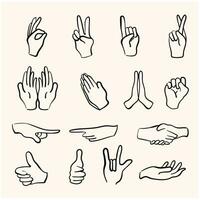 Doodle line art hand gestures set. Movements such as the OK gesture, cool and peaceful, clasping hands, supplication, pointing left, right, crossing fingers, making a fist, opening the palm. vector