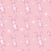 Cute cartoon seamless pattern with rabbit and stars on pink background. Design with bunny for kids. Vector tile for fabric, print, wrapper, textile. Funny rabbits in flat style.