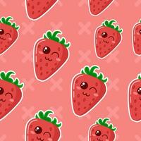 Seamless pattern with cartoon strawberry. Print with berries on pink backdrop. Vector design for fabric, print, wrapper, textile. Flat style for kids.