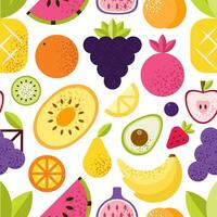 Seamless pattern with various tropical fruits and berries. Exotic print with fruits on white backdrop. Colorful pattern. Vector repeat background for colorful summer fabric.