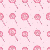 Cartoon seamless pattern with sweet lollipop on pink background. Colorful print with candy in flat style for kids. Vector tile for fabric, print, wrapper, textile. Background with food.