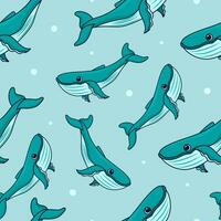 Vector colorful childish seamless pattern with whales on blue background. Cute cartoon whale. Pattern for kids with marine animals. Flat style. Vector design for fabric, print, wrapper, textile.