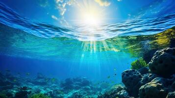 iridiscente mar un fascinante y vistoso oceánico Odisea con submarino descubrimiento ai generado foto