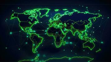 Futuristic Light Green Color Border and Black Holographic Map of Countries in Orbit AI Generated photo