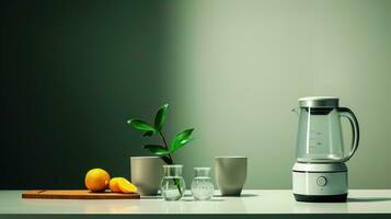 Glass of Health and Fresh Fruit in Minimalistic Setting with Greenery AI Generated photo