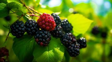 Ripe and Ripening Blackberries on a Branch with Green Leaves AI Generated photo