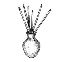 Vector air Refresher Diffuser and Aroma sticks in ceramic vase in line art style. Hand drawn illustration of home fragrance for relaxation in black and white colors. Drawing of Aromatherapy spa