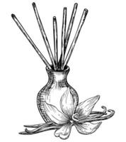 Diffuser with Vanilla flowers and Sticks. Hand drawn vector illustration on white isolated background. Linear drawing of refresher for fragrance and aroma therapy. Sketch of perfume for home