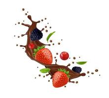 Realistic chocolate milk splash with berries, wave vector