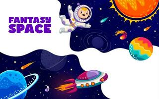 Space landing page, cartoon kid astronaut, rocket vector