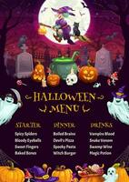 Halloween menu, ghosts, witch, pumpkin characters vector